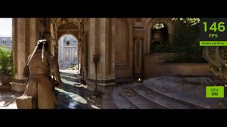 A still from a video at Nvidia's CES 2025 keynote, showing a character running through some archways in a game with DLSS 4 enabled and ful RT on, achieving 146 fps.