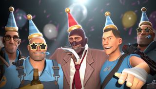 TF2 characters smiling and wearing party hats