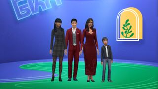 The Sims 4 new start menu - the Goth family stands together on a blue and green background