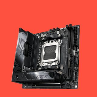 Asus ROG Strix X670E-I Gaming WiFi on a red background