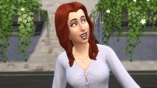 The Sims 4 - a woman with red hair and a purple top exclaims with excitement