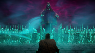 Keyart for Halls of Torment showing a single figure facing down an army of wratihs.